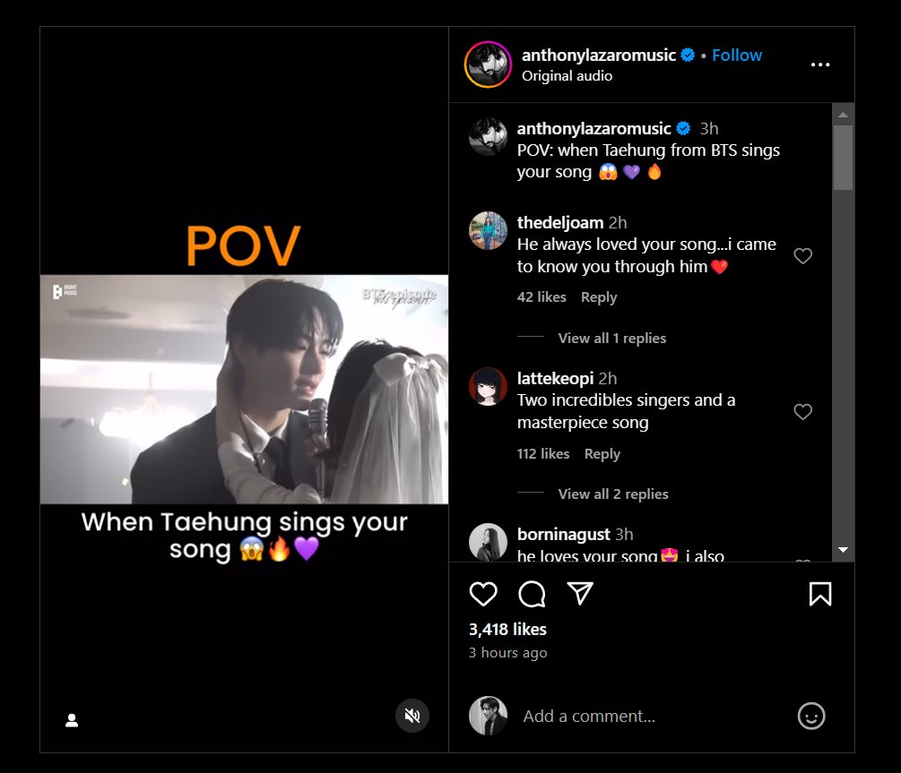 tetestream's tweet photo. .@AnthonyLazaro_ shared a short clip from #V's "Love Wins All" MV Shoot Sketch where he sing "Love Letter" by the artist.

"POV: When Taehung* sings your song 😱🔥💜"

*He typed Taehyung's name wrong. https://t.co/guBaIV8uEr