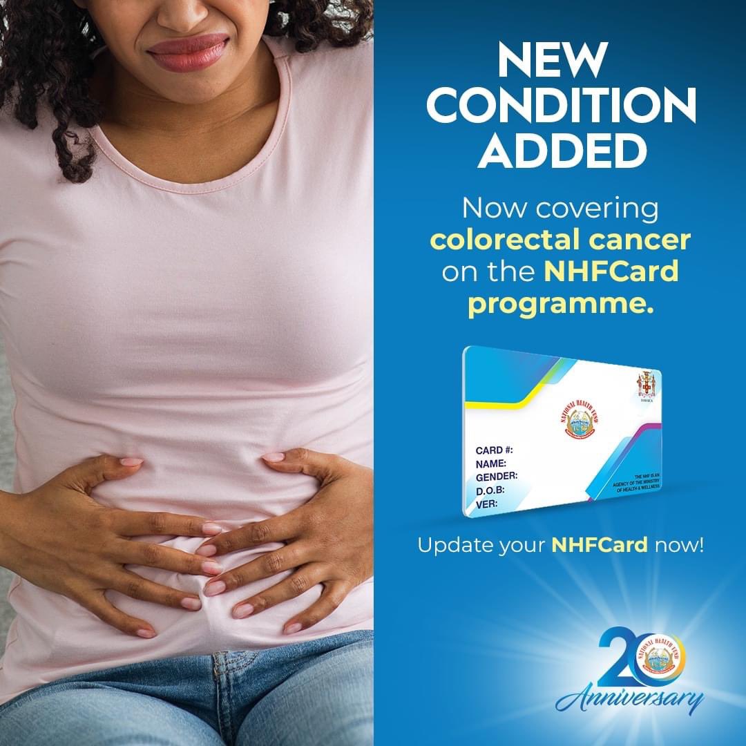 We’re now covering Colorectal cancer under the NHFCard programme.

Don’t forget to APPLY for/ UPDATE your NHFCard with new illnesses to access more subsidies. Call us at 876-906-1106 or visit our Customer care centre to do so! 🙌🏽

#NHFHoliday #NHFJamaica #NHFIsHereForYou #NHFCard