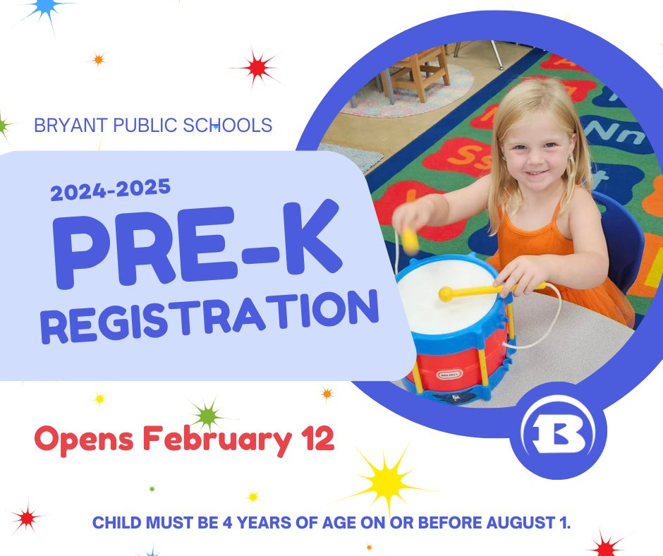 Something BIG is happening for our LITTLE ones! Bryant Pre-K registration opens soon. Applications will be available on February 12. Visit bryantschools.org/prek-registrat… for more information. #SuccessStartsHere