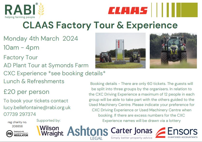 Suffolk <a href="/RABIcharity/">RABI - the farmers charity</a> are pleased to announce their CLAAS experience day on Monday 4th March. A full day   with CLAAS and a trip to the local AD Plant. Please book on quick, limited spaces. Thank you for the support from <a href="/WilsonWraight/">Wilson Wraight</a> <a href="/CarterJonas/">Carter Jonas</a> <a href="/AshtonsAgri/">Ashtons Agriculture & Estates</a> <a href="/EnsorsAgri/">Ensors Agriculture</a>