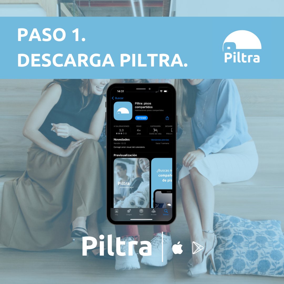 Piltra_app's tweet photo. Comenzamos el Lunes, y para aquellos despistados que aun no tienen PILTRA en sus teléfonos y no saben como crear una cuenta, hoy os mostramos como hacerlo.

PASO 1. DESCARGA PILTRA.
Podrás encontrar PILTRA en tu Apple Store como en tu Play Store.

PASO 2. ABRE PILTRA EN TU TELÉFONO.
Una vez inicies la aplicación te darás cuenta de lo sencilla que es.

PASO 3. REGISTRATE.
Como cualquier usuario necesitaras un correo y una contraseña, recuerda estos datos no se los des a nadie, ya que podrían robarte la cuenta. Rellena todos los datos necesarios y listo, ya tienes tu cuenta en PILTRA, ahora ya puedes navegar y encontrar a tus compañeros de piso perfectos.