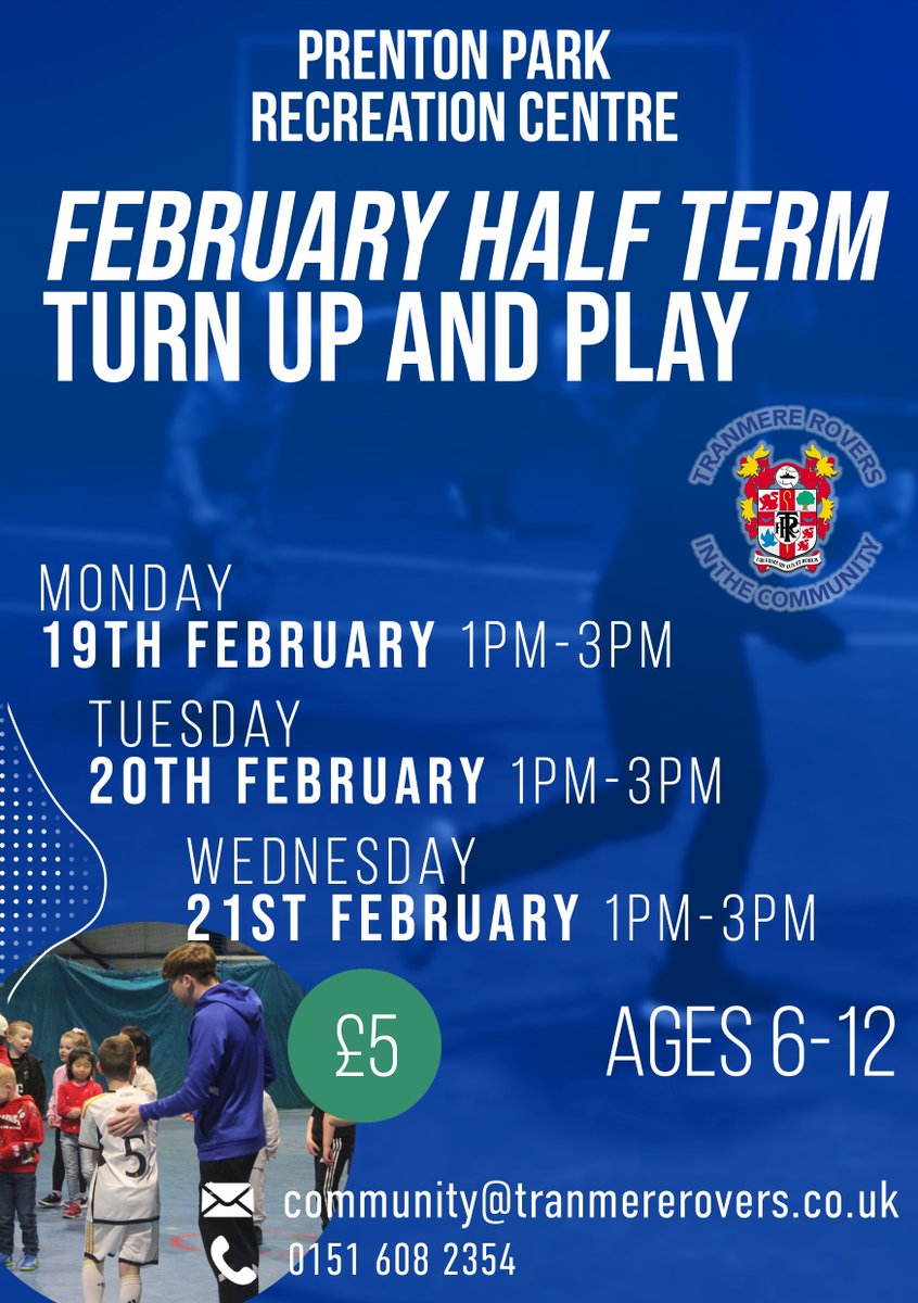Tranmere Rovers in the Community (@trfccommunity) on Twitter photo 🙌 It's time to book your child's place on our February half-term Turn Up and Play sessions from 1pm-3pm on Monday 19th, Tuesday 20th, and Wednesday 21st February!
📧 Email us on Community@tranmererovers.co.uk to secure your child's place now (ages 6-12).
#TRFC #SWA 🙌 It's time to book your child's place on our February half-term Turn Up and Play sessions from 1pm-3pm on Monday 19th, Tuesday 20th, and Wednesday 21st February!
📧 Email us on Community@tranmererovers.co.uk to secure your child's place now (ages 6-12).
#TRFC #SWA