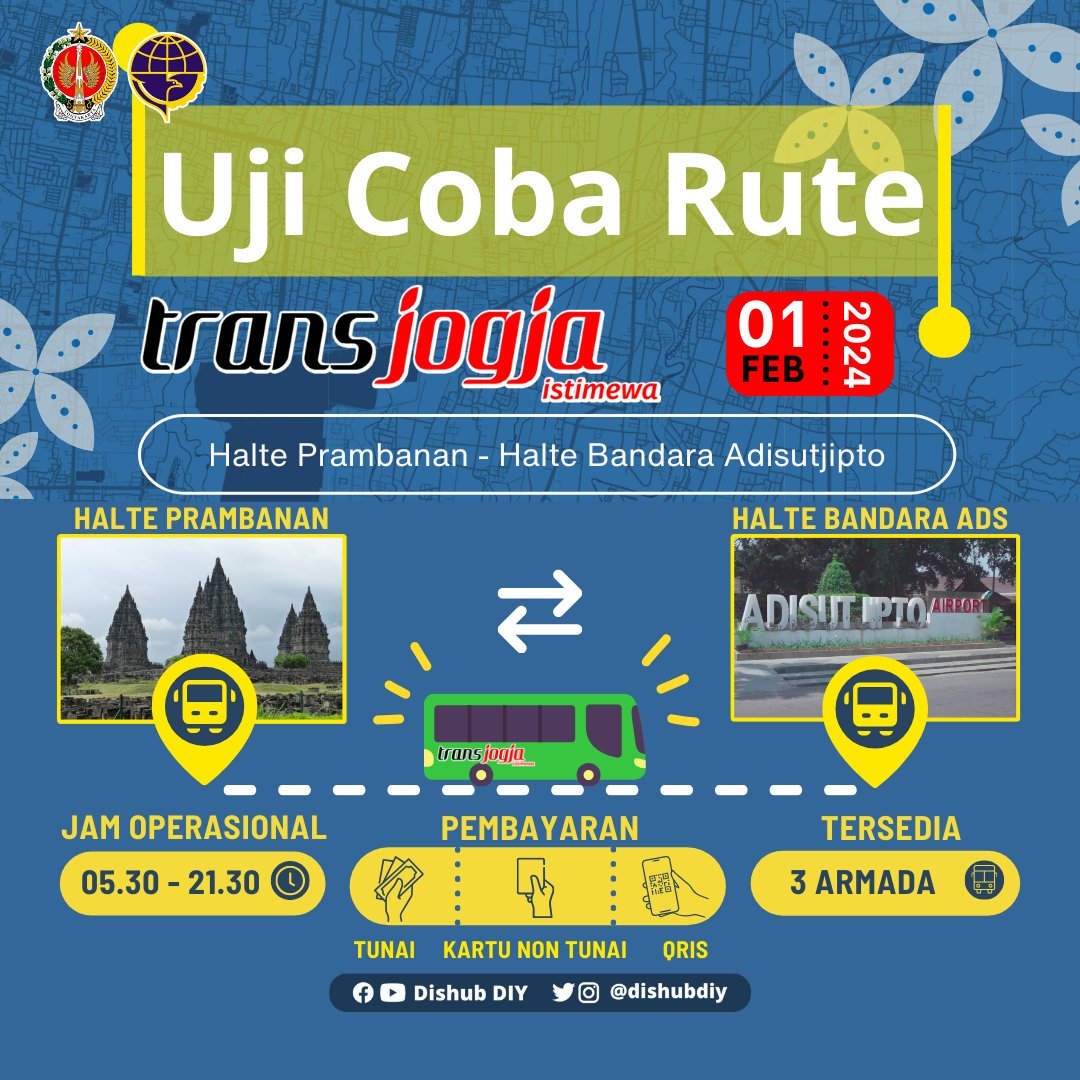 ❗UJI COBA TRAYEK TRANSJOGJA RUTE PRAMBANAN - BANDARA ADISUCIPTO❗
Bus Transjogja akan melakukan uji coba trayek baru jalur Prambanan-Bandara Adisucipto: