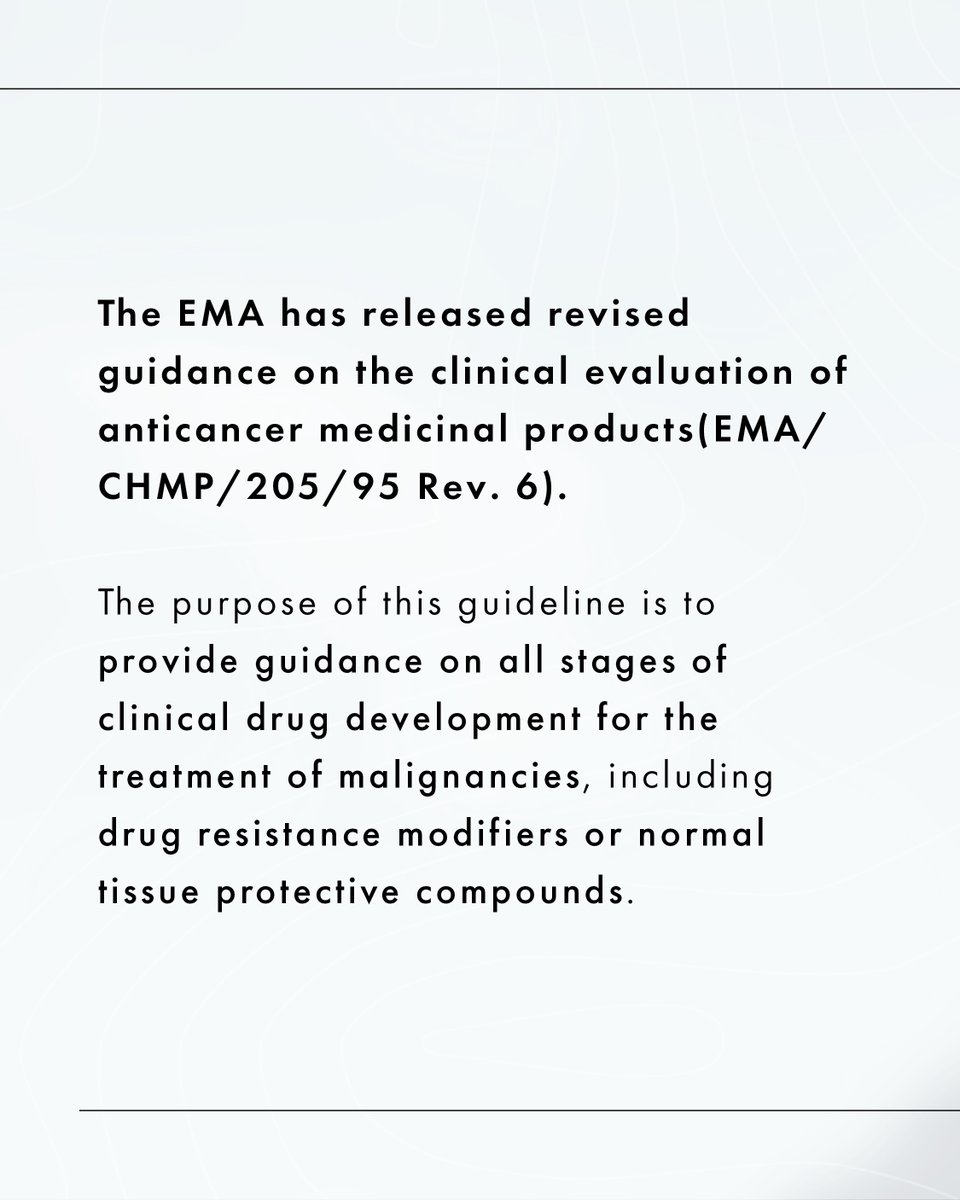scendea's tweet image. The @EMA_News has released revised guidance on the clinical evaluation of anticancer medicinal products. To discuss this guidance with a member of our clinical team, get in touch Scendea.com/contact
-
#clinicaldevelopment #drugdevelopment #medicinalproduct