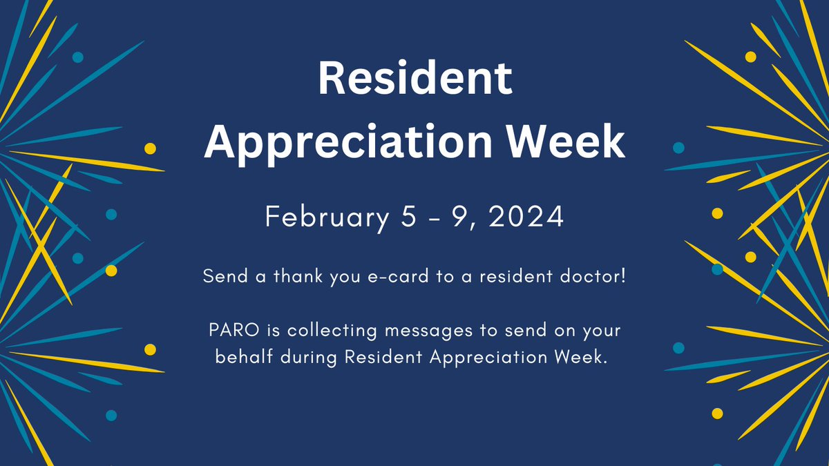 Send a thank you e-card to a resident doctor! PARO is collecting messages for Resident Appreciation week. For every e-card you send, you are entered into a draw for a chance to win a Starbucks or Tim Hortons gift card. Submit your message by February 1: t.ly/DkNF4