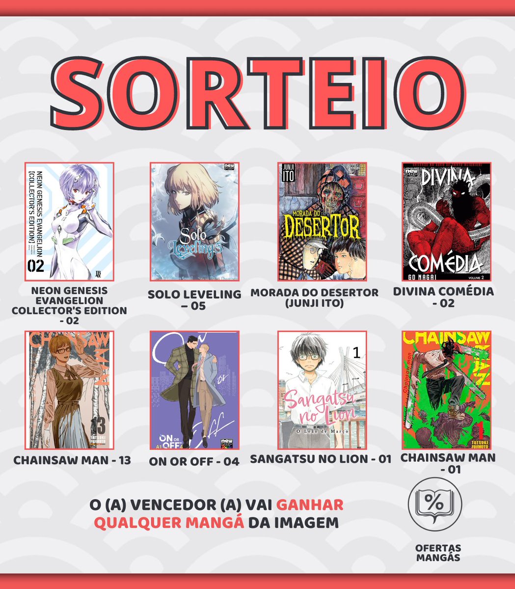 OfertasMangas's tweet photo. 🚨 SORTEIO RELÂMPAGO 

📚💫 O (a) vencedor (a) vai ganhar qualquer Mangá da imagem!

Regras:
🔴 Seguir @OfertasMangas 
🔴 RT e CURTIR esse TWEET
🔴 Comentar qual Mangá vai querer se ganhar

📅 Resultado: HOJE 29/01, às 20H

🍀 Boa sorte 🤙 https://t.co/lqy5TQjWWh