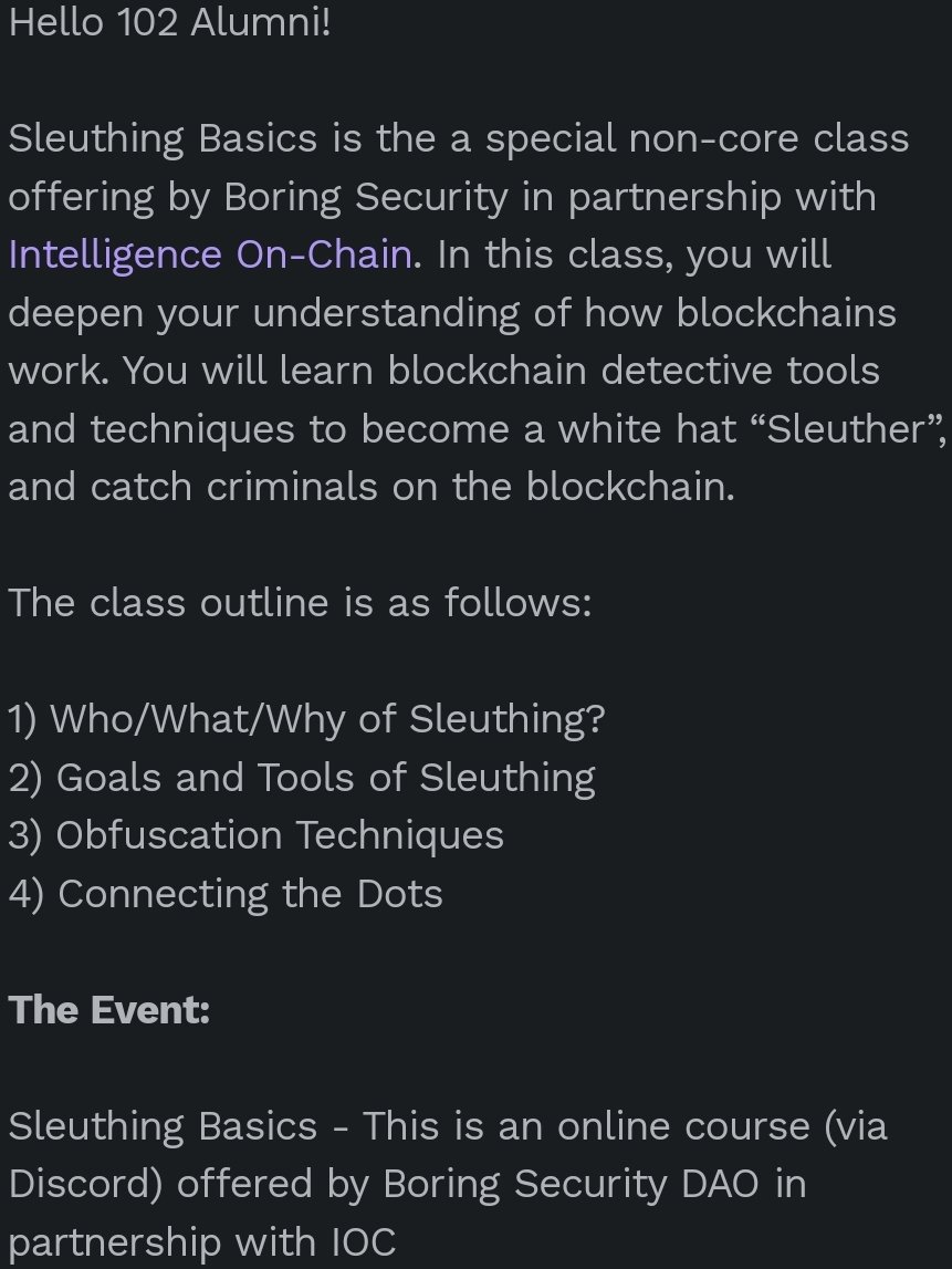 See everyone soon!
Class starting in 8 mins.

<a href="/BoringSecDAO/">Boring Security</a>
@JPOnChain
<a href="/Feld4014/">FΞLD | mrbayc.eth</a>