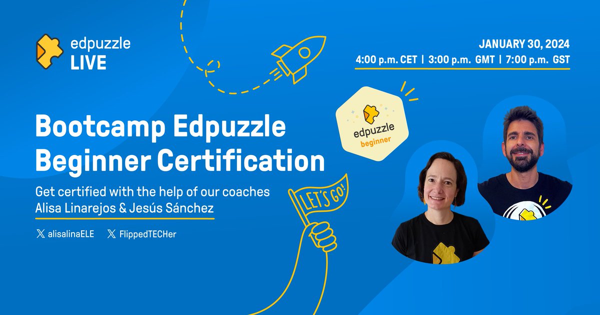 🔔  Join us TOMORROW our upcoming #EdpuzzleBootcamp 🥾 

Earn your Beginner badge with the support of @alisalinaELE & @FlippedTECHer 

🗓 Tuesday, January 30 
⏰ 4pm CET | 3pm GMT | 7pm GST
🔗 Save your seat bit.ly/3Hrb1Ws