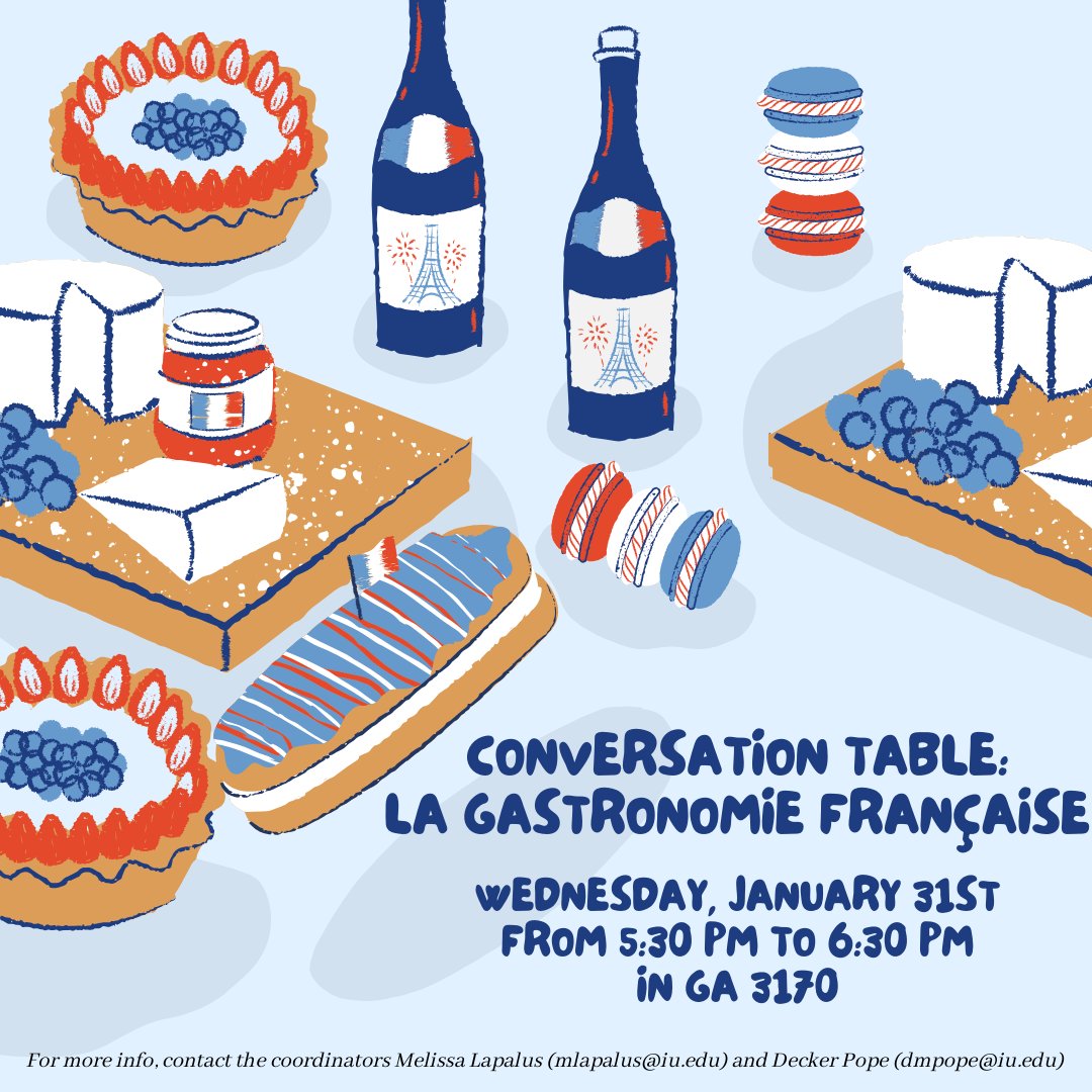 Our FIRST conversation table of the semester is on Wednesday, January 31st from 5:30 pm to 6:30 pm in GA 3170! Amuse-bouches (appetizers) will be offered. Et n'oubliez pas, students in basic level French classes can earn extra credit by coming to one French Club event. 😃🇫🇷