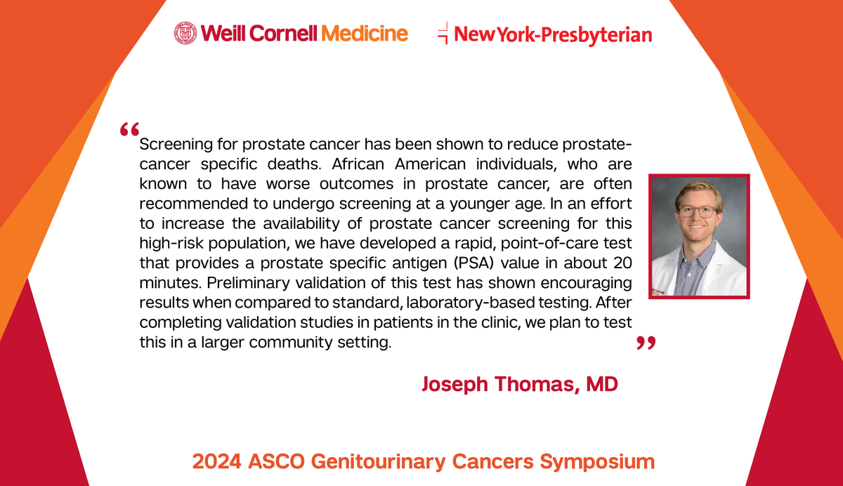 @WCMHemOncFellow Dr. Joseph Thomas shared #research @ASCO #GU24 evaluating a rapid prostate specific antigen (#PSA) test that aims to provide faster #ProstateCancer screening for high-risk populations: bit.ly/3vN3Eps