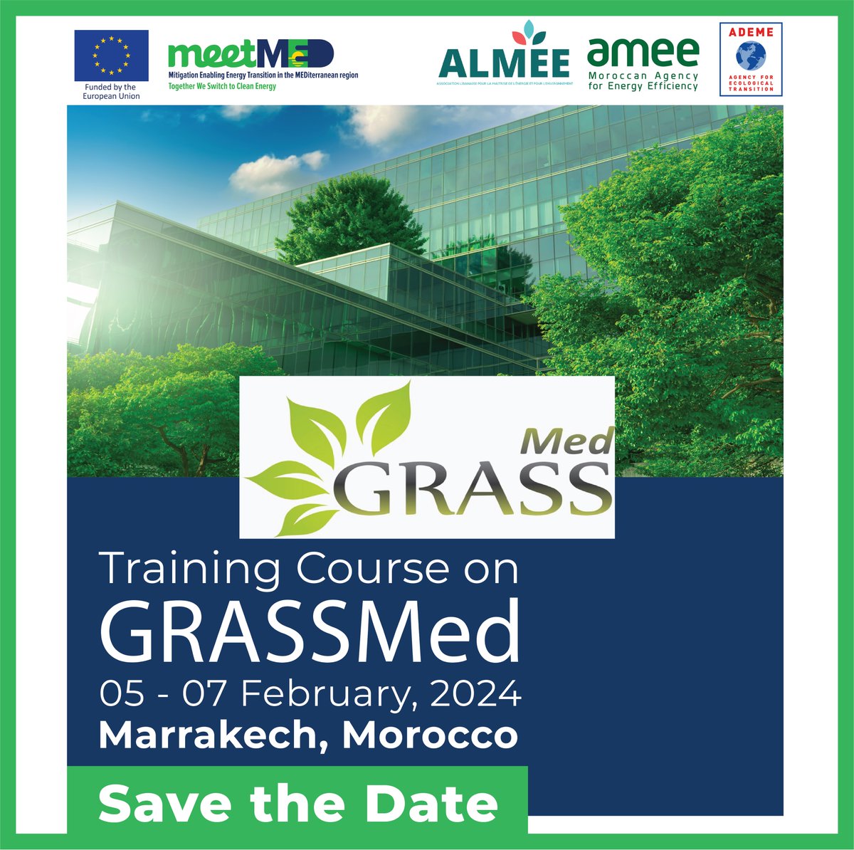 meetMED1's tweet photo. 📢Save the Date! GRASSMed Training in Morroco 🇲🇦
🗓️05-07 Feb.
📍Marrakech
#meetMED, @Almee 🇱🇧,@ademe🇫🇷&amp; @AMEEOFFICIEL 🇲🇦are organizing a 3-day training to promote the design and construction of sustainable buildings using the regional Green Building Rating System #GRASSMed. https://t.co/0vWxbkh5KW