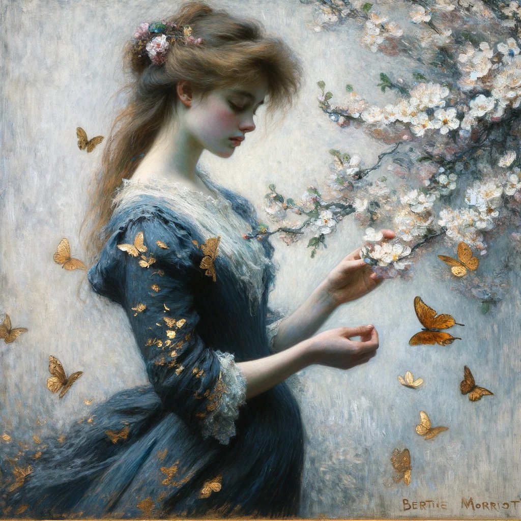 Golden butterflies alight, moments captured in her timeless gaze
#AImpressionism #AIArtwork #dalle3art #berthemorisot