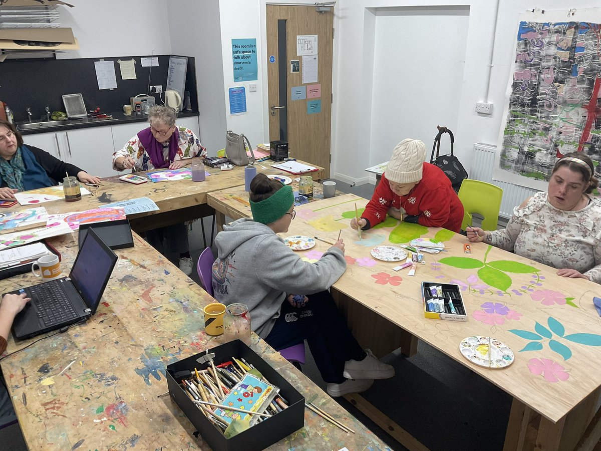 Our well-being workshop at the Dusty this morning was so relaxing. Some participants carried on with their watercolour paintings and the rest of us started painting the mural boards for the garden. Together we designed all of the botanical drawings for this mural