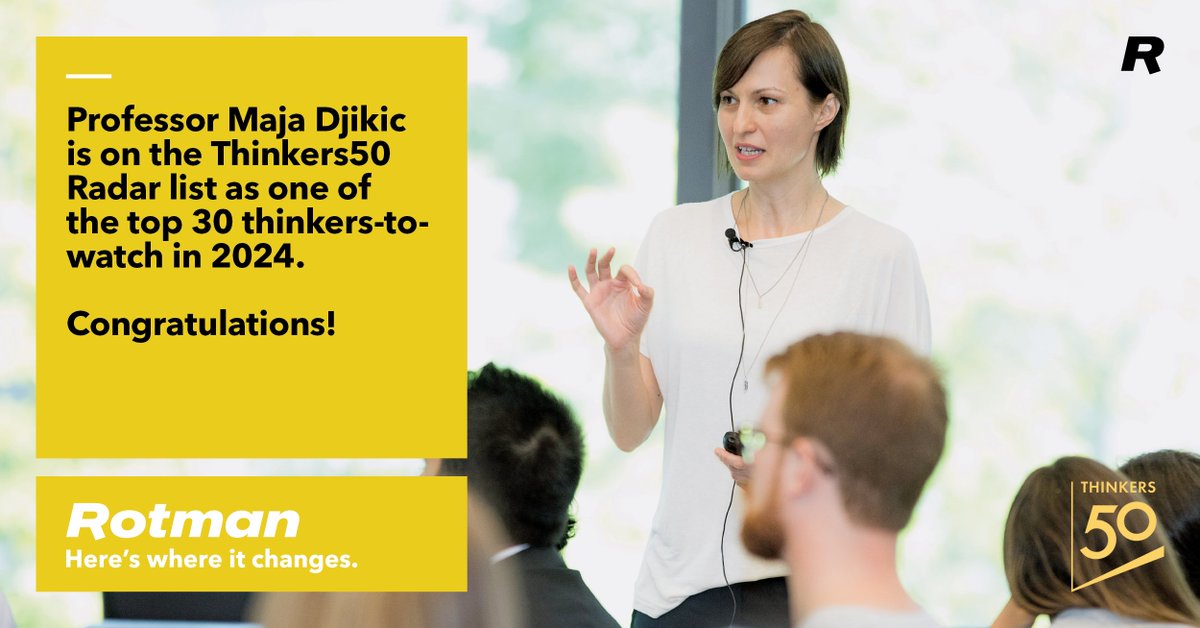 Rotman School (@rotmanschool) on Twitter photo Congratulations to Prof. Maja Djikic for being named to the <a href="/thinkers50/">Thinkers50</a> Radar Class of 2024, whose work will shape the future of how organizations are managed and led. Her first book, The Possible Self, will be published on March 5 by <a href="/BKpub/">Berrett-Koehler Publishers</a> rotman.utoronto.ca/Connect/MediaC… Congratulations to Prof. Maja Djikic for being named to the <a href="/thinkers50/">Thinkers50</a> Radar Class of 2024, whose work will shape the future of how organizations are managed and led. Her first book, The Possible Self, will be published on March 5 by <a href="/BKpub/">Berrett-Koehler Publishers</a> rotman.utoronto.ca/Connect/MediaC…
