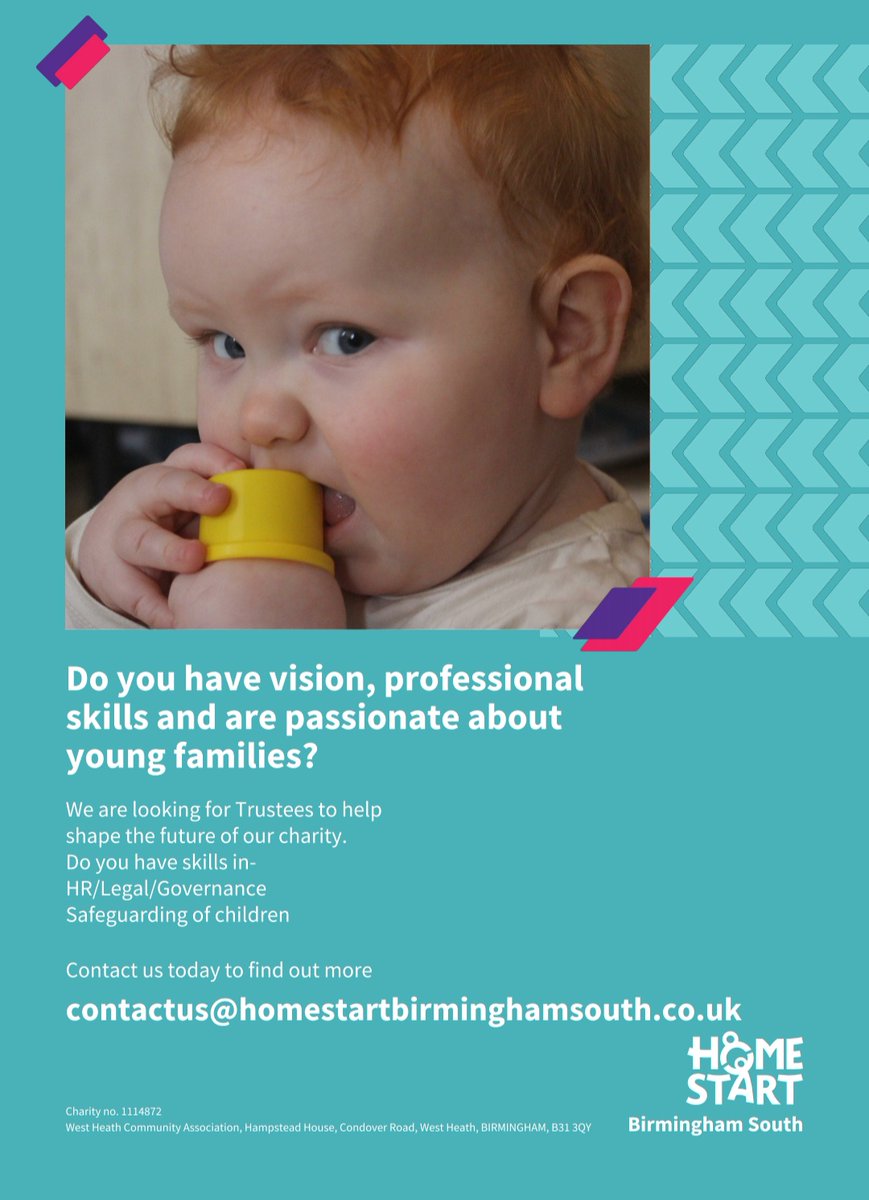 Our Home-Start B'Ham South are looking for new Trustees. If you have professional skills that you'd like to use to help guide and support a local charity, please do get in touch. #trustees #trusteesneeded