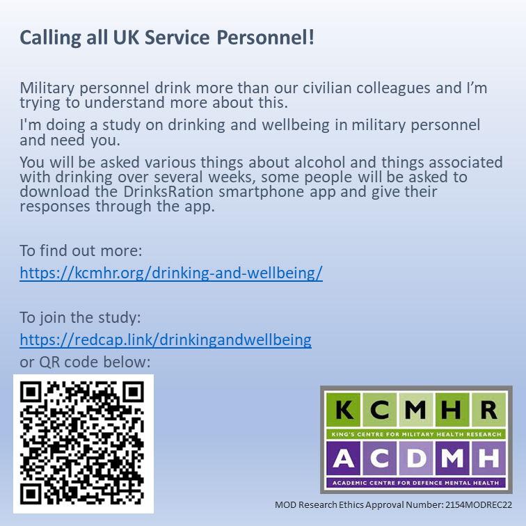 Calling all UK Service Personnel! Join our study looking at Drinking and Wellbeing in military personnel: redcap.link/drinkingandwel… Please retweet! @RoyalNavy @BritishArmy @RoyalAirForce @womenindefence @MilitaryBanter @kcmhr @navy_women @ArmySgtMajor @DMS_MilMed