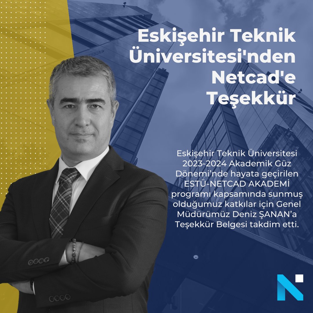 Eskişehir Teknik Üniversitesi 2023-2024 Akademik Güz Dönemi’nde hayata geçirilen ESTÜ-NETCAD AKADEMİ programı kapsamında sunmuş olduğumuz katkılar için Genel Müdürümüz Deniz ŞANAN’a Teşekkür Belgesi takdim etti. #Netcad #EskişehirTeknikÜniversitesi #ESTÜ #üniversite #eğitim