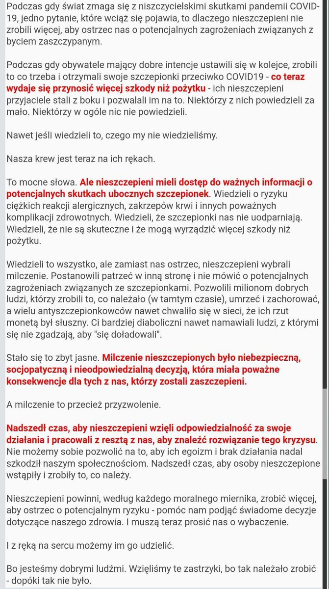 Tomasz74073193's tweet photo. Przeglądając dzisiaj fejsa natknąłem się na posta w którym zaszczepieni mają pretensje do nieszczepów że ci wiedzieli ale ich nie ostrzegli i domagają się z tego tytułu przeprosin.
Przez cały ten cyrk mówiliśmy o niebezpieczeństwach tego preparatu a ci teraz się obudzili https://t.co/aVYxqnTzXs