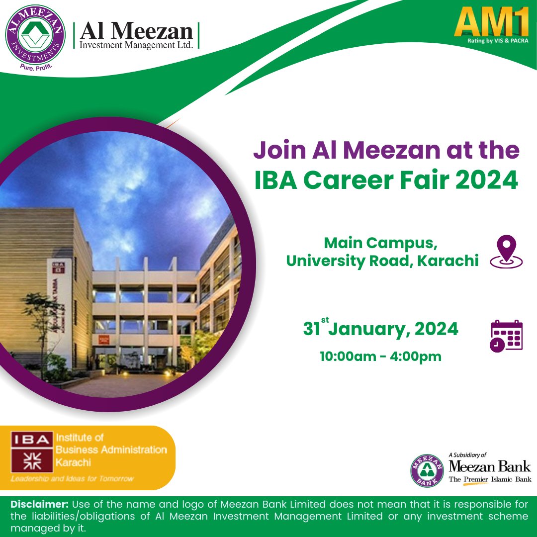 Join Al Meezan at the IBA Career Fair'24.

#AlMeezan #AlMeezanInvestments #CareerFair #RecruitmentDrive #Wearehiring #Hiring #Recruitment