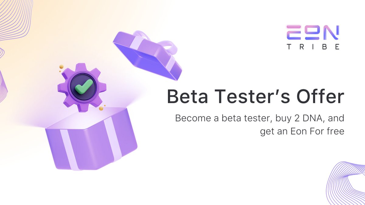 🌟 Exclusive NFT Beta Tester Offer! 
Calling all beta testers! ✨ Here's your chance to dive into the world of Eontribe NFTs with a special limited-time offer:
🎁 Buy 2 DNA NFTs, Get 1 Eon NFT for FREE!

This exclusive offer is valid from January 22nd to February 2nd.

Hurry up!