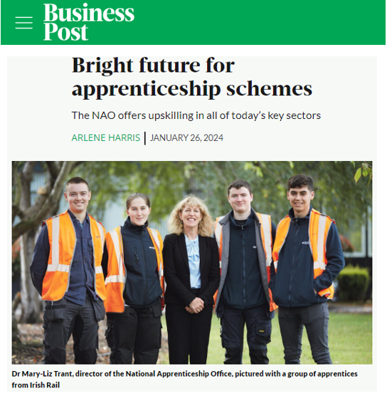 apprenticesIrl's tweet photo. When it comes to #GenerationApprenticeship 'more choices are coming along all the time' says NAO Director @MaryLizTrant1 in @businessposthq with 17 new apprenticeships coming in 2024. Whether employer or apprentice the #skills future is bright. Learn more: https://t.co/go9TyvFhx4 https://t.co/CEEUQMVGHB