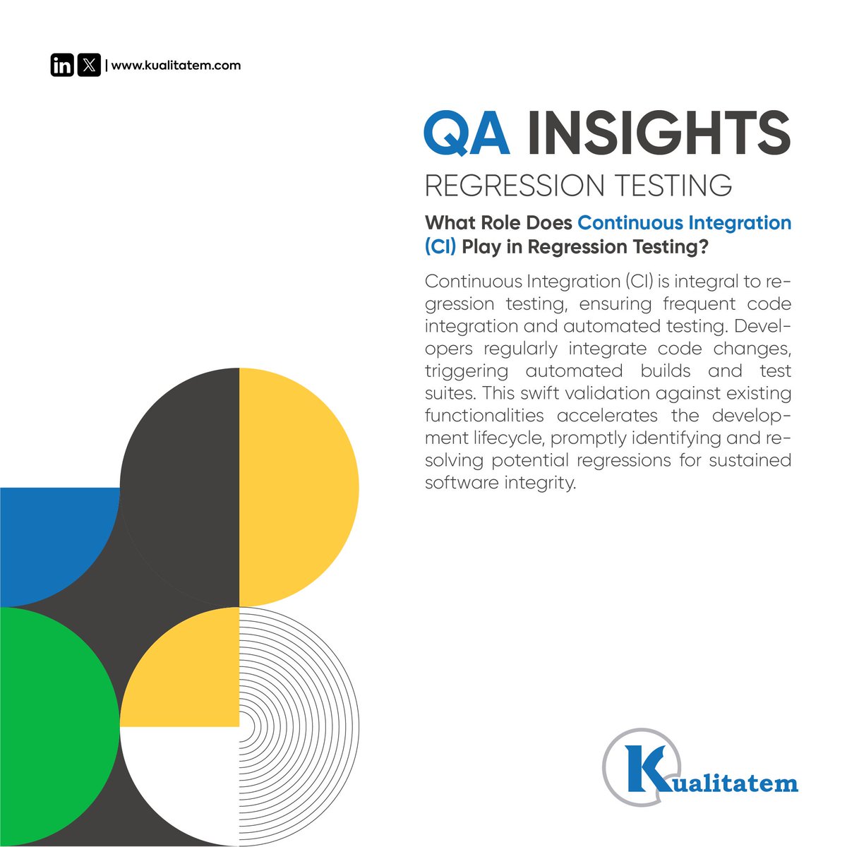 Kualitatem's tweet image. Continuous integration (CI) plays a crucial role in regression testing by ensuring that changes made to software applications do not introduce new bugs or break existing functionality. 

#CI #continuousintegration #regressiontesting
