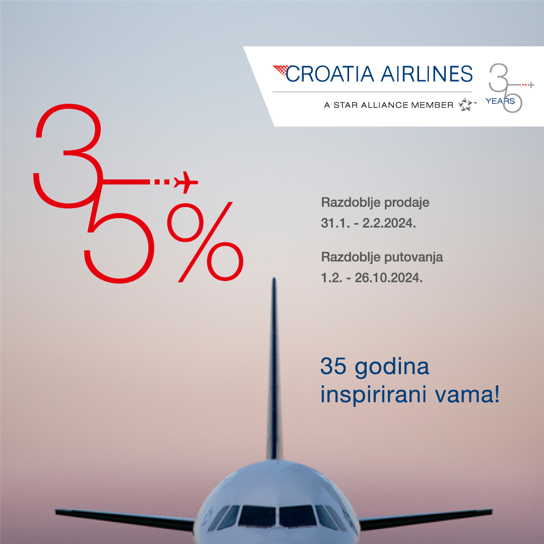 croatiaairlines's tweet photo. 35 % popusta za 35 godina Croatia Airlinesa!
Iskoristite slavljenički popust od 35 % na zrakoplovne karte za putovanja iz Hrvatske u europska odredišta. ✈️
Više na linku: https://t.co/8cZuXuuOgg

Vidimo se na nekom od naših letova!🌍✈️
#35years #croatiaairlines #celebrate https://t.co/tSaFb5eifi