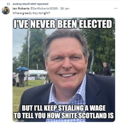As a politician you get used to the same old boring abuse from cybernats with nothing better to do.

It is shocking though that this abuse is now being endorsed by an SNP MSP. Is it SNP policy that list MSPs are 'Not elected'?

I have raised this with the Presiding Officer.