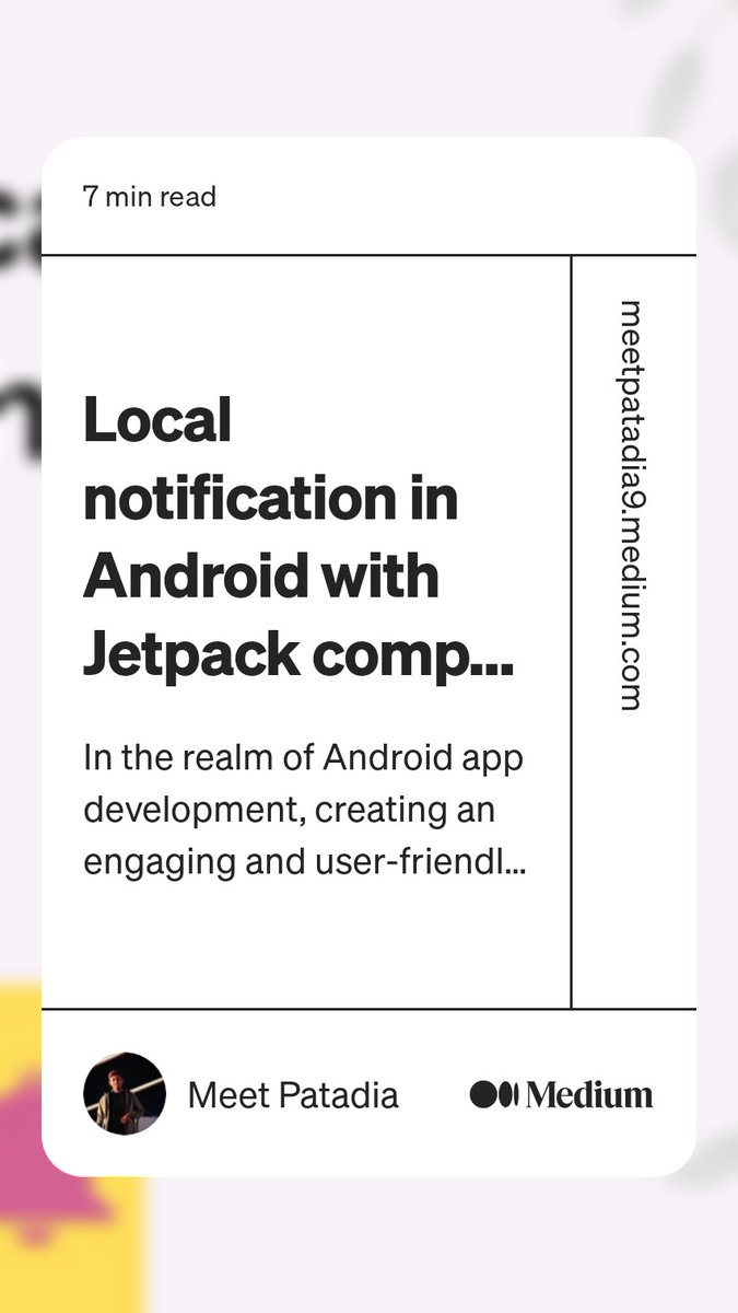 meetpatadia9's tweet image. 🚀 Just published new blog on 𝗟𝗼𝗰𝗮𝗹 𝗻𝗼𝘁𝗶𝗳𝗶𝗰𝗮𝘁𝗶𝗼𝗻 𝗶𝗻 𝗔𝗻𝗱𝗿𝗼𝗶𝗱 𝘄𝗶𝘁𝗵 𝗝𝗲𝘁𝗽𝗮𝗰𝗸 𝗰𝗼𝗺𝗽𝗼𝘀𝗲 📱
 meetpatadia9.medium.com/local-notifica…

#Android #JetpackCompose #LocalNotifications #BegginerFriendly #Kotlin