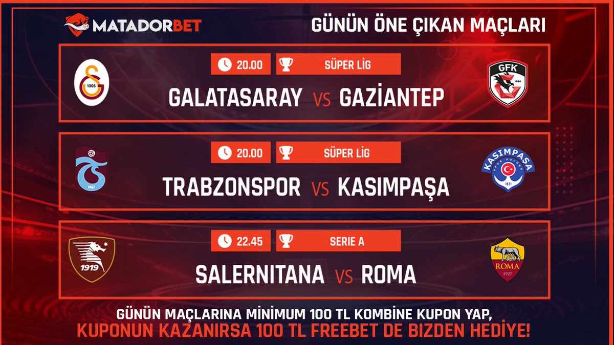 💸KUPONUN KAZANIRSA +100 FREEBET!

⚽️ Günün Karşılaşmalarına Minimum 100 TL Kombine Kupon Yap, 

🎁 Kuponun Kazanırsa 100 TL Freebet Hediye! 

⚠️ Her maçın oranı en az 1,50 olmalıdır. 

✍️ Bahis Yap 👉 cutt.ly/59vd627 

#matadorbet #matadorbetgiris #denemebonusu
