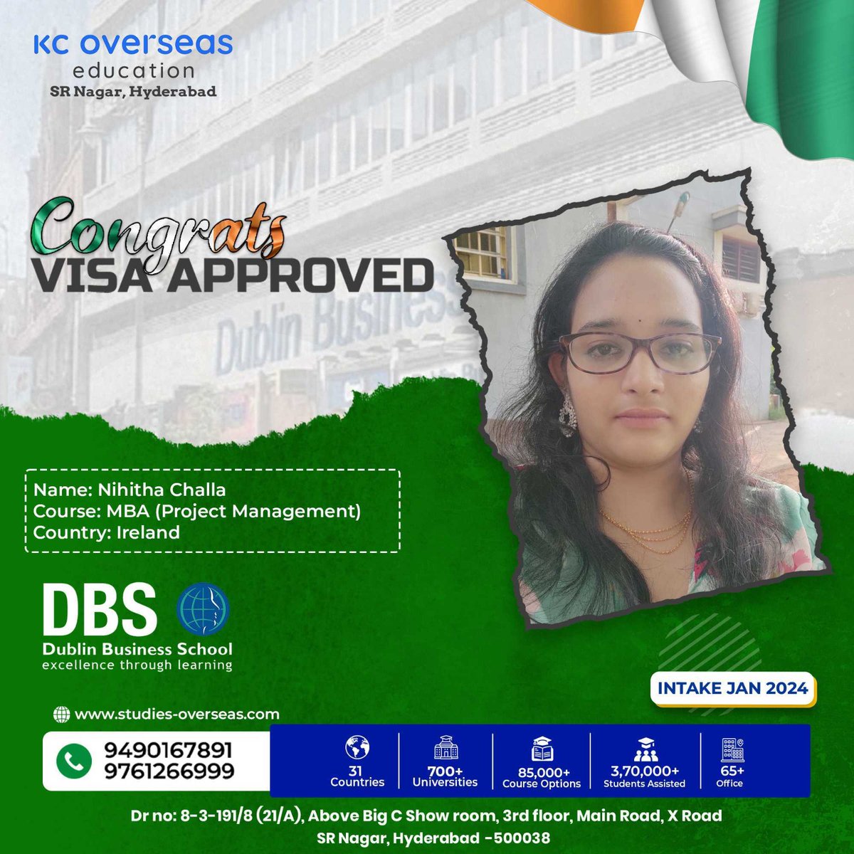 kcoversea's tweet photo. 🌐✈️ Exciting News from KC Overseas Education, SR Nagar, Hyderabad! 🎉 Congrats, Nihitha Challa! VISA APPROVED for Dublin Business School.🎓

#KCOverseasEducation #StudyInIreland #StudyAbroad #VisaSuccess  #DublinBusinessSchool #MBAProjectManagement https://t.co/bAA7CNMHGq