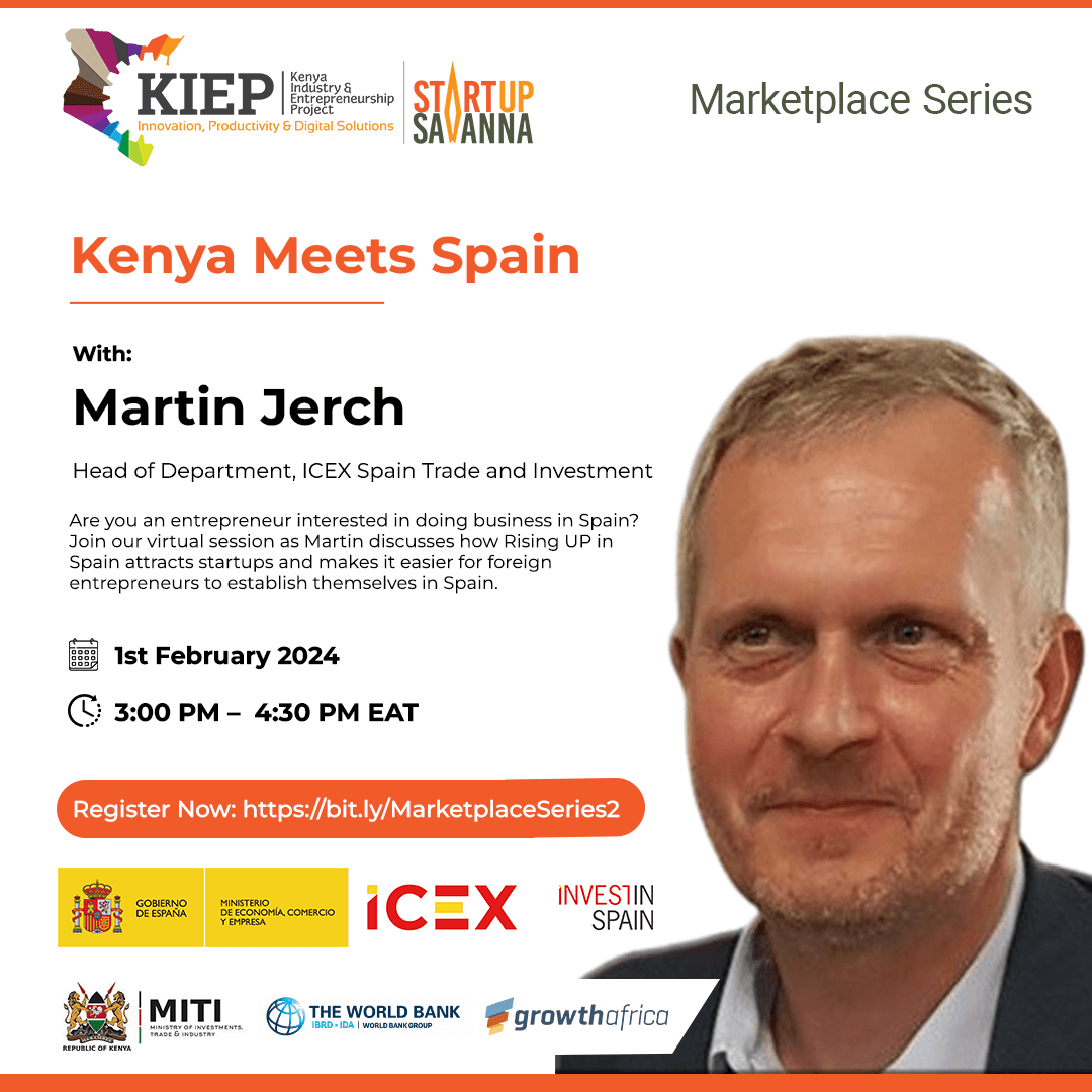 KENYA MEETS SPAIN
Join "Kenya Meets Spain," an exclusive virtual session on Feb 1, 2024, at 15:00 EAT. Learn from Martin Jerch, Head of Entrepreneurship at ICEX Invest, about startup strategies and support in Spain. Register now: lnkd.in/d75BBUws #StartupSavanna