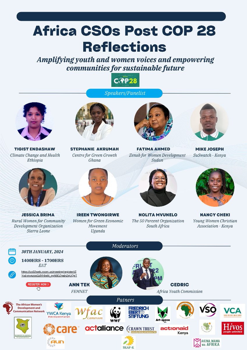 🥁 Join us for a fiery 🔥session to dissect the Post <a href="/COP28_UAE/">COP28 UAE</a>  wins + losses. Session will be moderated by <a href="/anne_tek/">Anne Tek</a> + <a href="/CedricDzelu/">Cedric Dzelu</a> 
 #AfricanFeministStories ⚡ #AACJInAction 
🗓️ Tomorrow
⌛ 1400hrs EAT 
Register▶️ : bit.ly/4b8VSGR