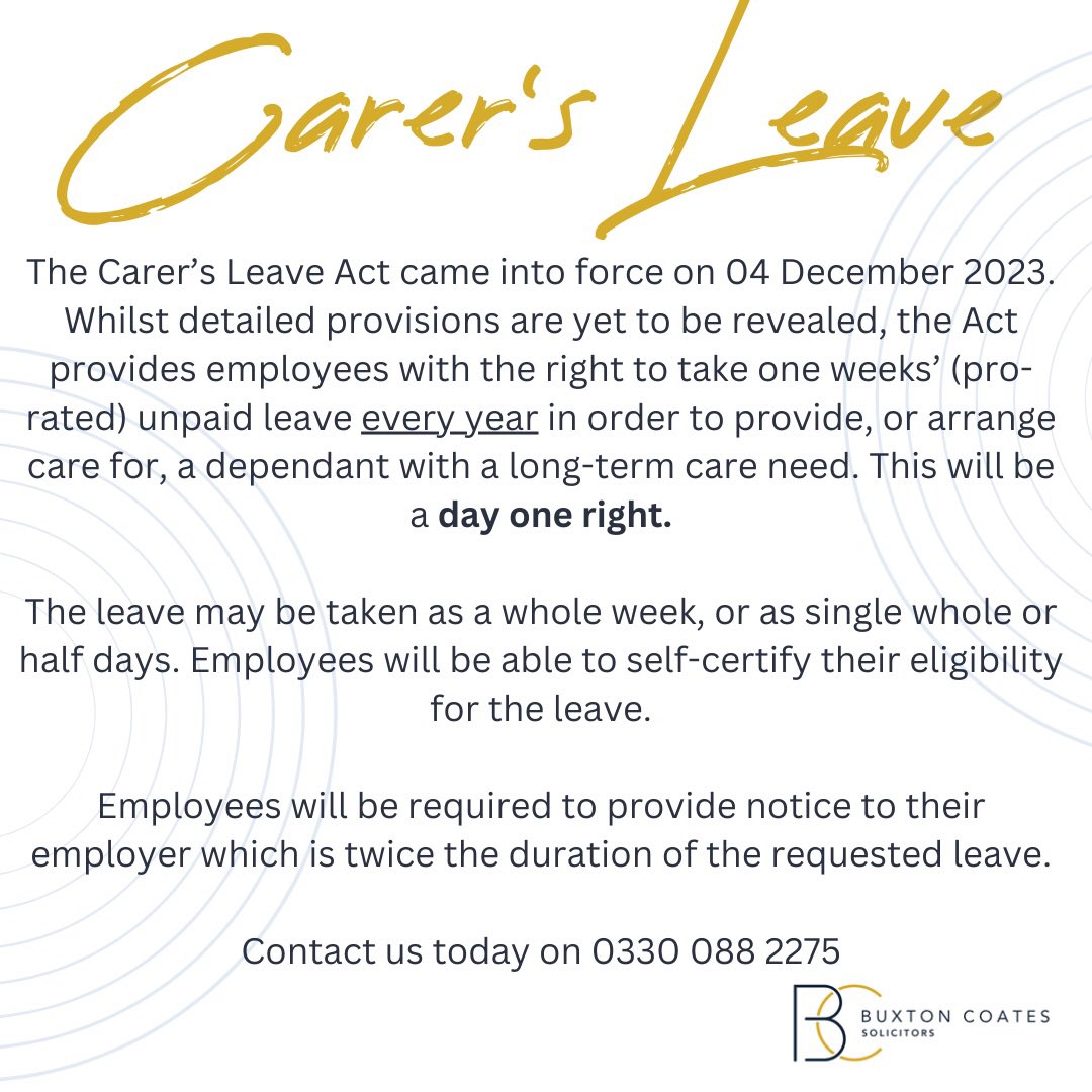 Did you know employees are entitled to carer’s leave from day one of their employment?

Contact us today to find out more!

#contactus #carersleave #dayoneright #employmentlaw #buxtoncoates #employmentrights