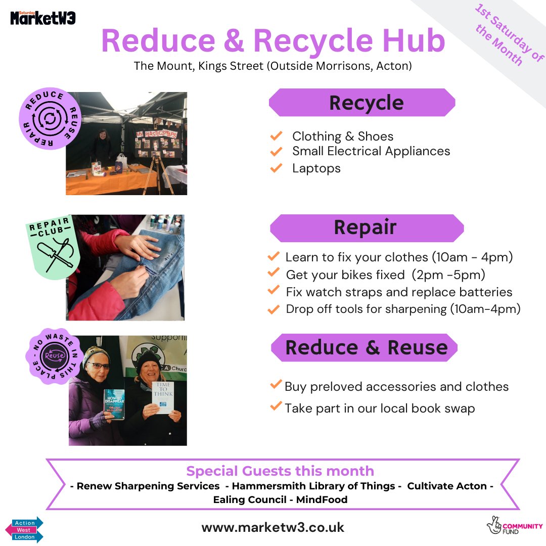 Acton Market Reduce and Recycle Hub is returning on Saturday 3rd February 10am to 3pm, to the Mount in Acton. Pop by and learn to fix your items with some help from the team of volunteers. More info here: marketw3.co.uk/february-reduc… #Reuse #Acton