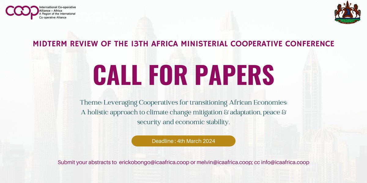 📢CALL FOR PAPERS!!  

Submissions for papers for the  Midterm Review of the 13th Africa Ministerial Cooperative Conference are now open.
🗓️Submission deadline: 4th March 2024

More information ➡️ bit.ly/47RSLjB
