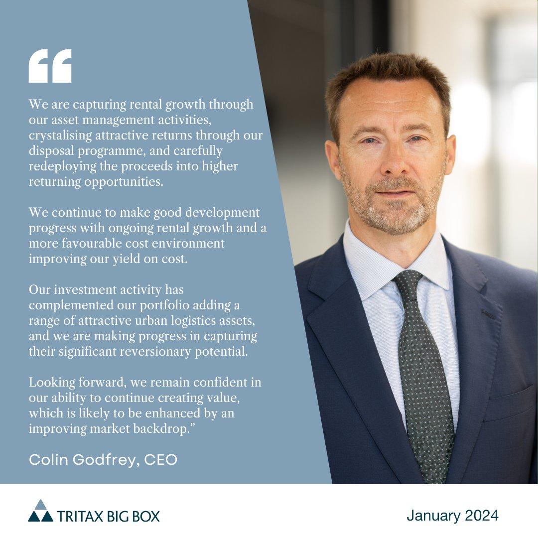 Tritax Big Box REIT plc announces an update on its performance for the financial year ended 31 December 2023, ahead of its full year results on 1 March 2024. Read the full RNS here: bit.ly/3vXxFTS
#tradingupdate

*Capital at risk.