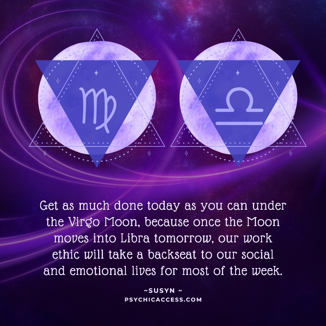 PsychicAccess's tweet image. Get as much done today as you can under the Virgo Moon, because once the Moon moves into Libra tomorrow, our work ethic will take a backseat to our social and emotional lives for most of the week. ~ Susyn, PsychicAccess.com⁠

#astrology #virgomoon #horoscope #libramoon