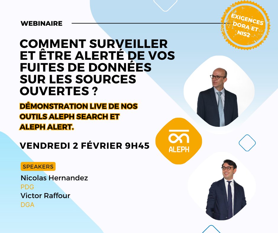 Comment surveiller et être alerté de vos fuites de données sur les sources ouvertes ? 

RDV ce vendredi 2 février à 9h45 (Replay disponible après inscription)

app.livestorm.co/aleph-1/demons…