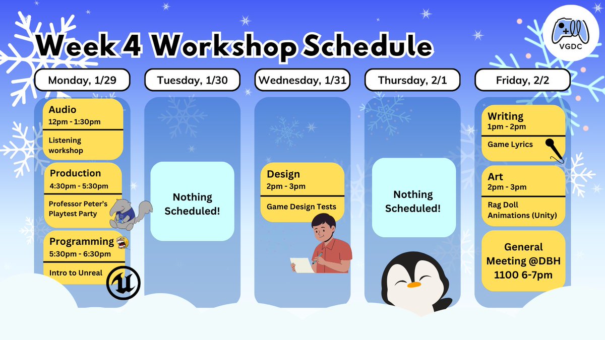 vgdcuci's tweet photo. Welcome to week 4! Here's our workshop schedule this week! Our workshops hosted by our officers of each department at the Game Lab (DBH 1412)! For more information on them, check out our discord in our linktree! #vgdc #vgdcuci #vgdcatuci https://t.co/ZXAKhWEEpl