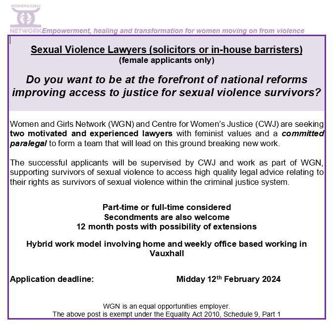 Centre for Women's Justice (@centrewj) on Twitter photo Do you want to be at the forefront of national reforms improving access to justice for sexual violence survivors?
<a href="/WomenandGirlsN/">Women Girls Network</a> has an exciting job opportunity for a committed paralegal & two motivated & experienced lawyers with feminist values.
wgn.org.uk/support-us/wor… Do you want to be at the forefront of national reforms improving access to justice for sexual violence survivors?
<a href="/WomenandGirlsN/">Women Girls Network</a> has an exciting job opportunity for a committed paralegal & two motivated & experienced lawyers with feminist values.
wgn.org.uk/support-us/wor…