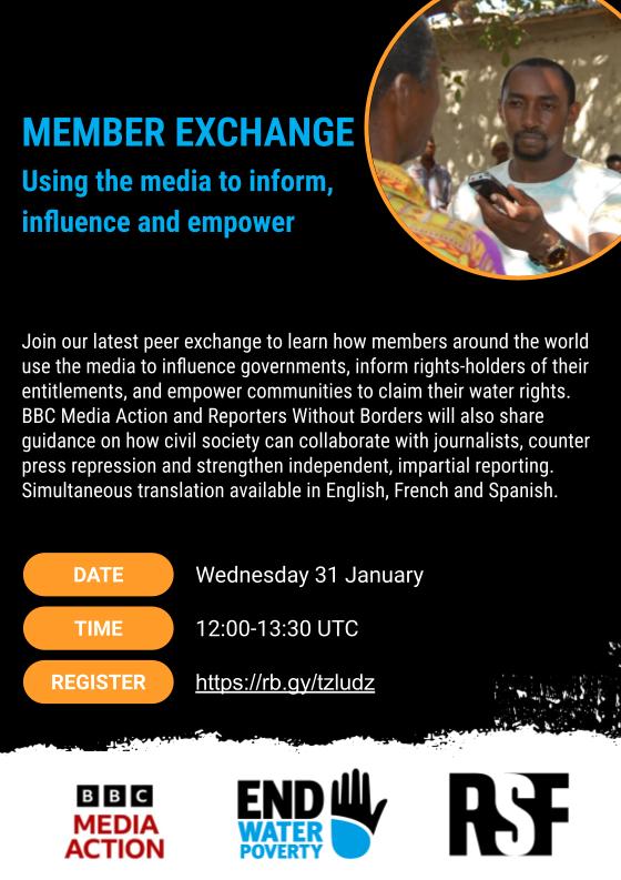 EndWaterPoverty's tweet photo. 🔔CALLING ALL MEMBERS🔔

EWP will hold a peer exchange on using the media as an advocacy &amp; accountability tool this Wednesday @ 12pm UTC.

Speakers:
@AssociationAVA1🇲🇬
@bbcmediaaction🌍
@irsppakistan🇵🇰
@MacsTanzania🇹🇿
@ManushyaFdn🇹🇭
@RSF_inter🌍

Register➡️https://t.co/gV46YQpSlL https://t.co/FaNjaDIuN1