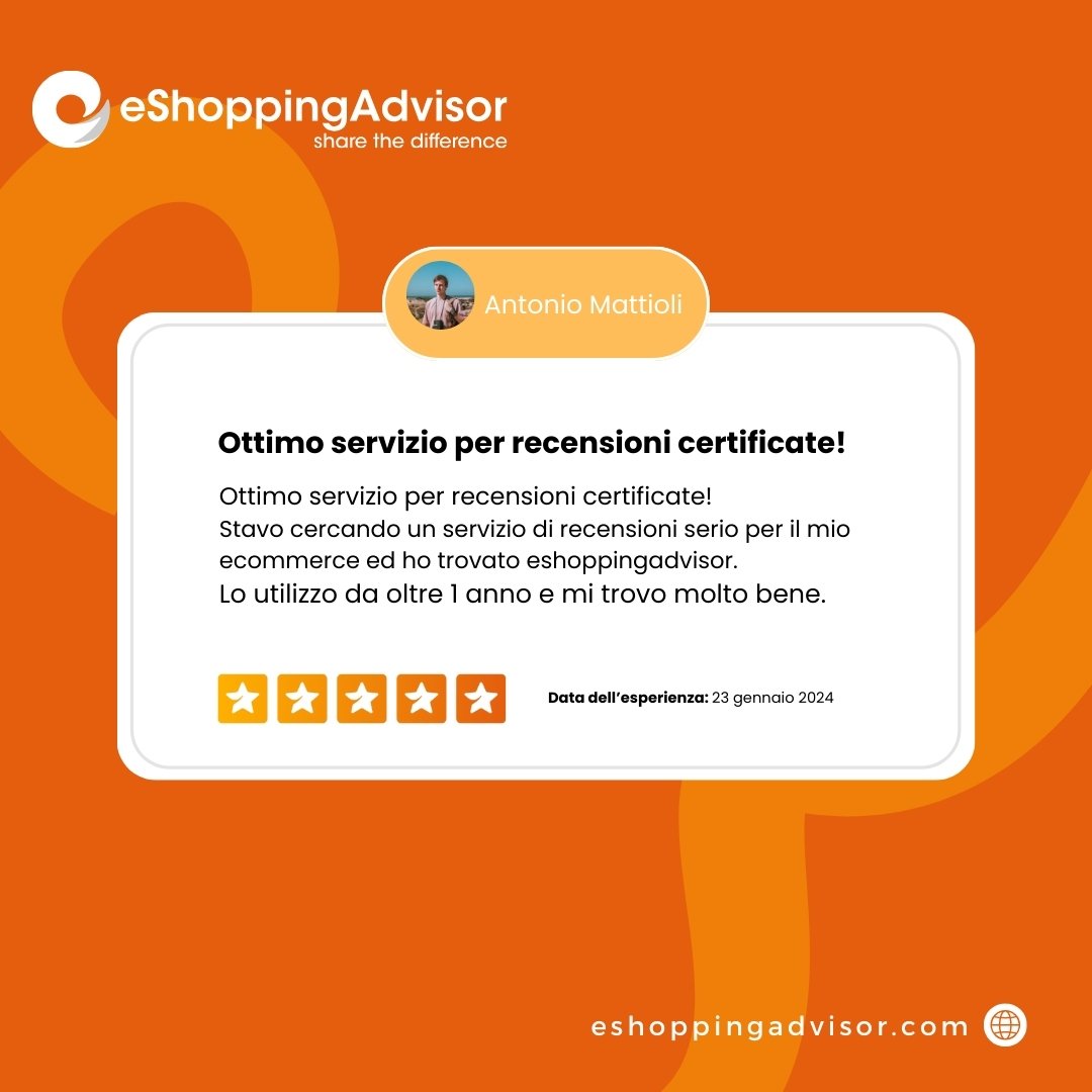 🌟 La tua opinione conta! 🌟

In eShoppingAdvisor, crediamo che i tuoi feedback siano la chiave per migliorare costantemente i nostri servizi e rendere la tua esperienza di shopping online migliore! 

Grazie a tutti voi che avete condiviso le vostre esperienze finora!