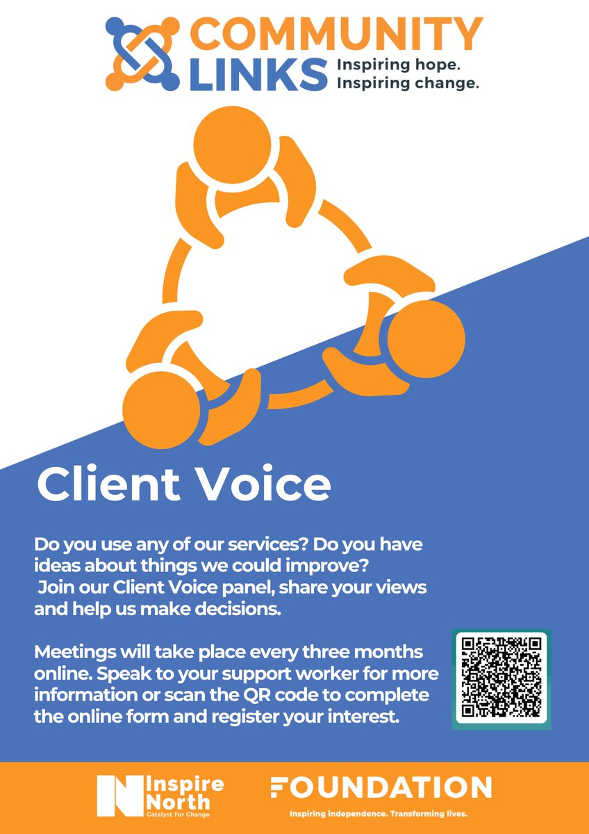 commlinksnorth's tweet photo. Calling all clients... 📣📣
Do you any have ideas about things we could improve on within our services?
Then why not join our Client Voice panel, share your views and help us make decisions.
#ClientVoice @InspireNorthUK https://t.co/DQXuSSlJ57