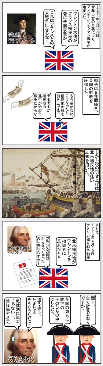 #いらすとや #世界史 #アメリカ 
【フレンチ・インディアン戦争】 
イギリス目線だと北米植民地の連中が起こした戦争で大赤字を出して、戦費分を徴収しようとしたらブチ切れられたという感じではある。 