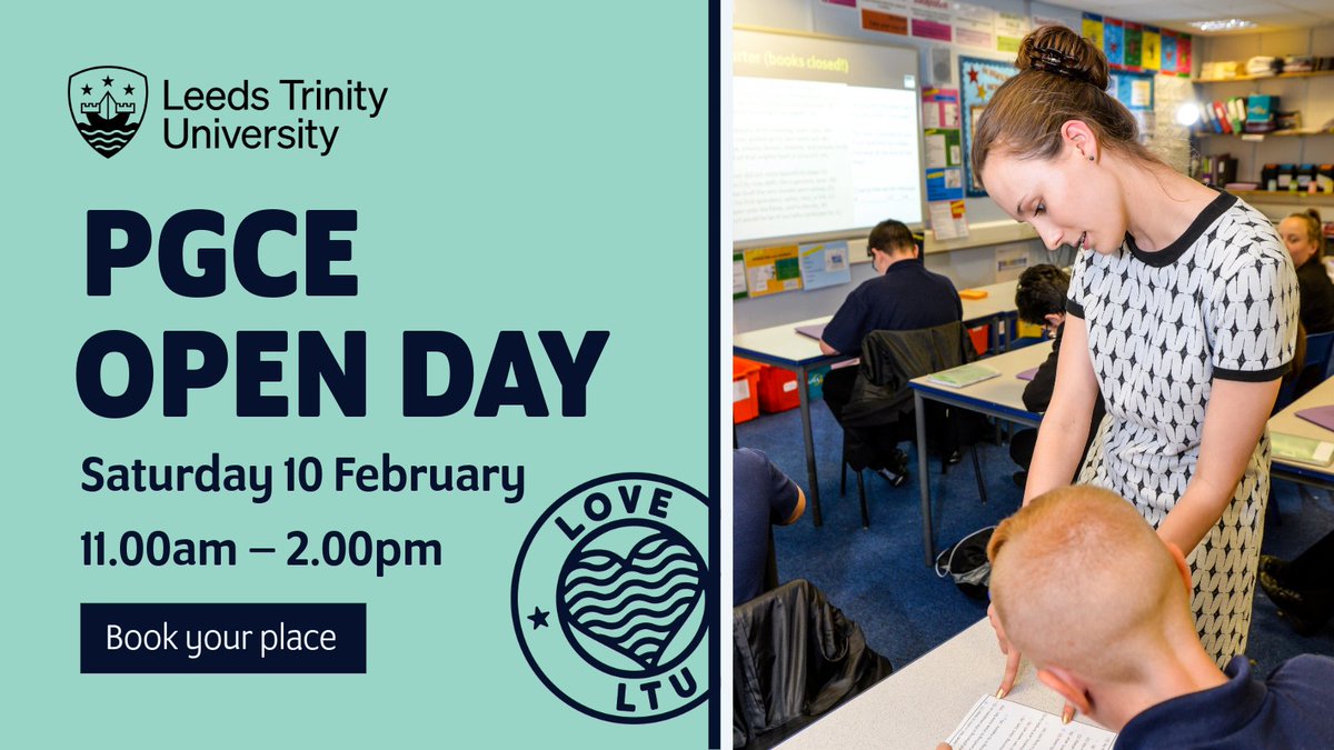 Do you want to inspire the next generation?
Find out how you can get into teaching at our PGCE Open Day on Saturday 10 February.
Learn about our training models and find out more about training to teach with Leeds Trinity University.
Book your place: ow.ly/1k7L50QuOnH