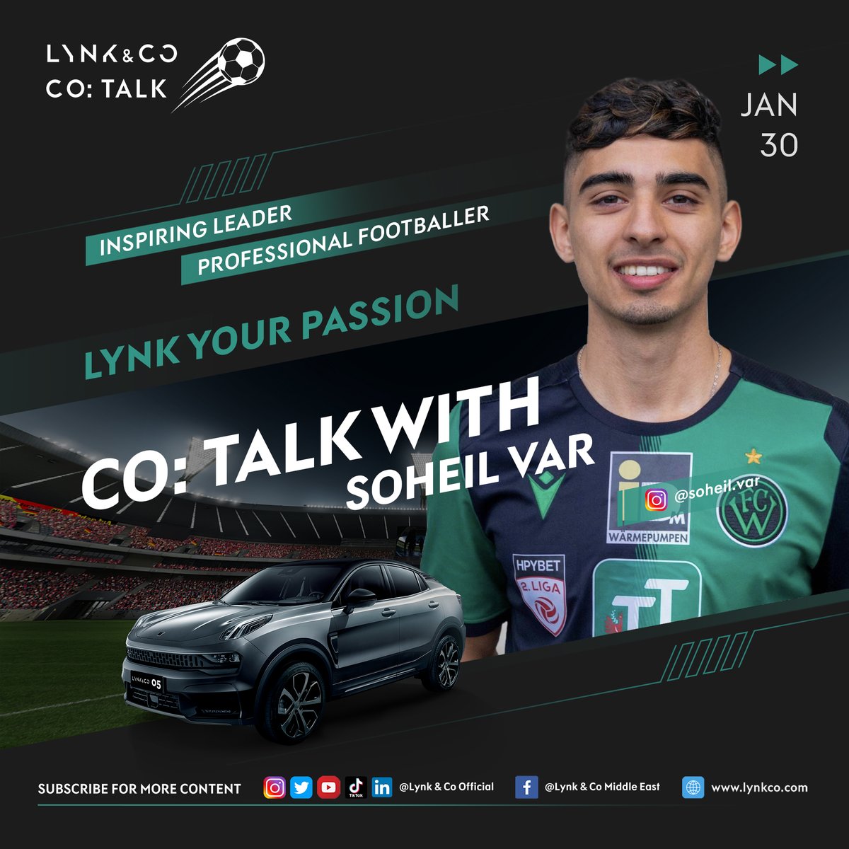 LynkCoME's tweet photo. 🌟 التالي في #Cotalk - رحلة مُلهمة! يقول سهيل فار، لاعب كرة القدم المُحترف ومؤسس نادي القبيلة لكرة القدم: "حافظ على الزَّخَم... استمروا في الضغط على دوَّاسة الوقود". 🏎⚽️ استعدوا لاستكشاف رحلة سهيل في كرة القدم وغيرها المزيد!" #LynkCoMiddleEast https://t.co/cfCfNSiyaH
