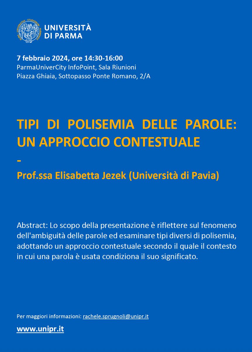 LabIUCD (@labiucd) on Twitter photo Il 7/02 la Prof.ssa Elisabetta Jezek (<a href="/unipv/">UniversitĂ di Pavia</a> - <a href="/ling_in_pavia/">Linguistics in Pavia</a>) terrĂ <a href="/unipr/">UniversitĂ di Parma</a> il seminario "Tipi di polisemia delle parole: un approccio contestuale"
Chi vuole partecipare online può compilare questo modulo: forms.office.com/e/T3Pkg1jbHw Il 7/02 la Prof.ssa Elisabetta Jezek (<a href="/unipv/">Università di Pavia</a> - <a href="/ling_in_pavia/">Linguistics in Pavia</a>) terrà <a href="/unipr/">Università di Parma</a> il seminario "Tipi di polisemia delle parole: un approccio contestuale"
Chi vuole partecipare online può compilare questo modulo: forms.office.com/e/T3Pkg1jbHw