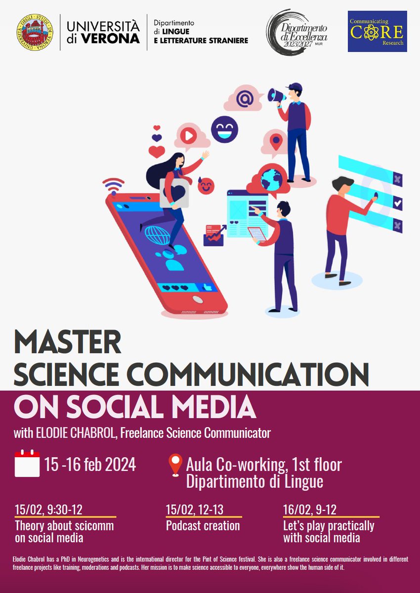 📌📌@CoreCommunicat2 and @dills_univr are organizing a #scicomm event on 15-16 February at the University of Verona on using social media for communication conducted by @EloScicomm. Join us!