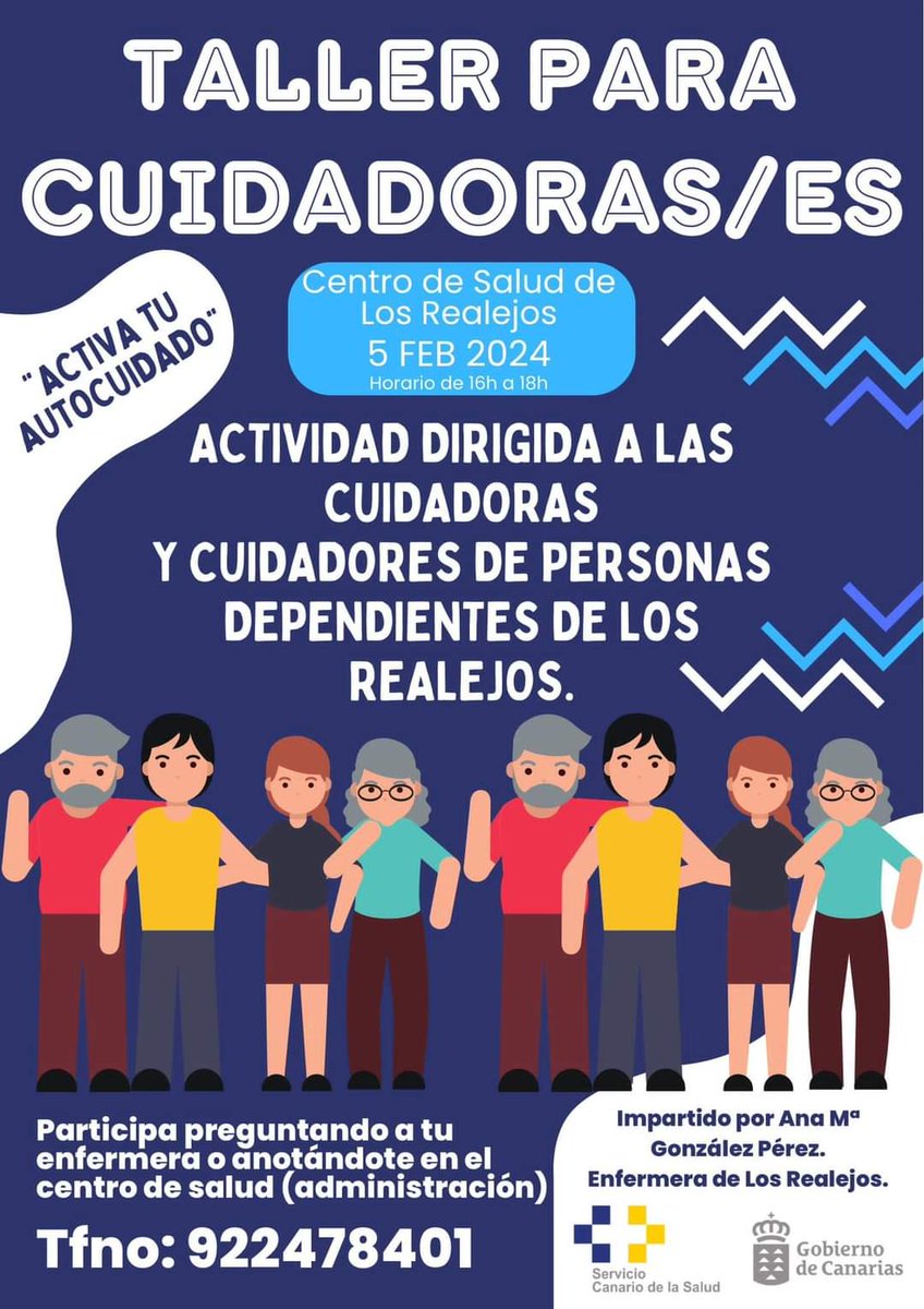 Próximo lunes 5 de Febrero de 16,00 a 18,00 horas. Contactar en el teléfono del Centro de Salud reflejado en el cartel todo aquel cuidador de persona dependiente que quiera beneficiarse de ésta actividad.
